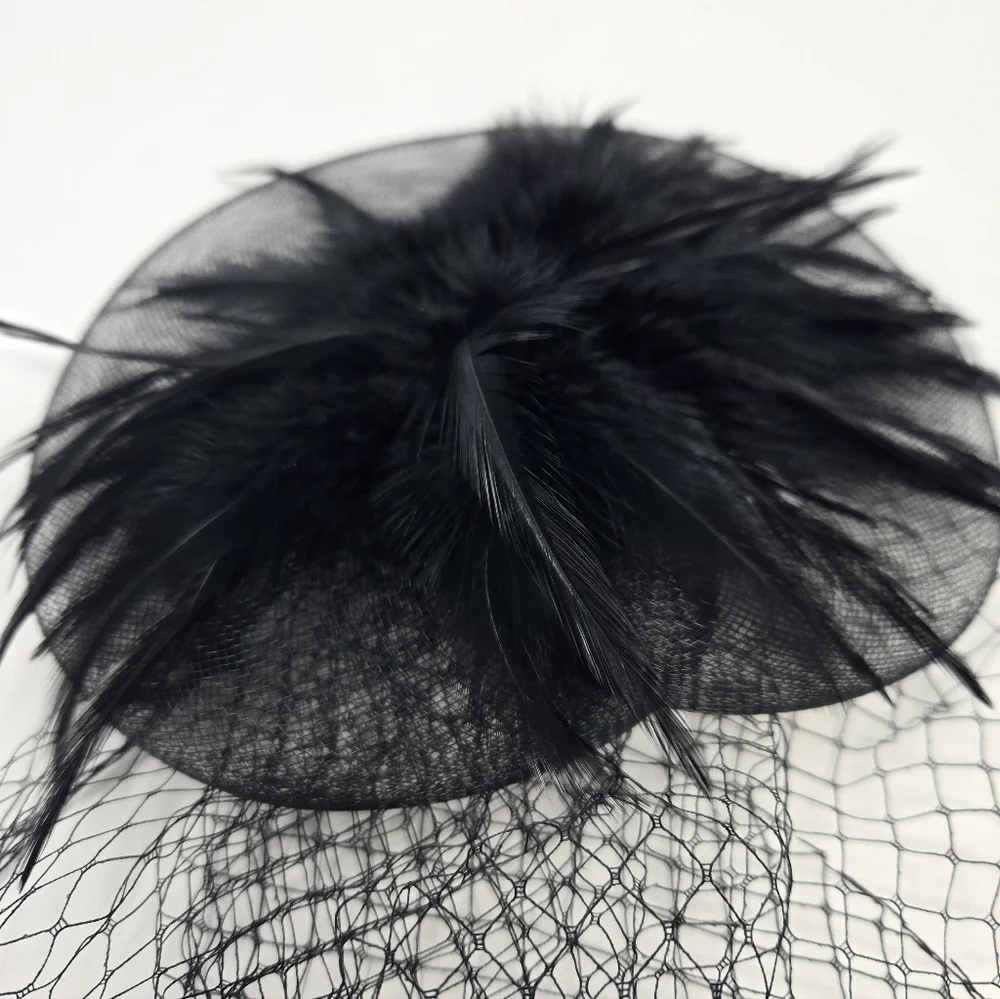 HANDMADE VINTAGE BLACK TULLE FEATHERS CLIP ON FASCINTOR HAIR ACCESSORY VEIL